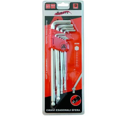 CHIAVI MASCHIO ESAGONALI BALL POINT TIPO LUNGO CROMO VANADIO SR. 9 PZ.FER 360685