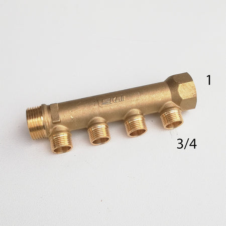 Collettore lineare da 1" - 18mm a 4 vie da 3/4" MF di ottone