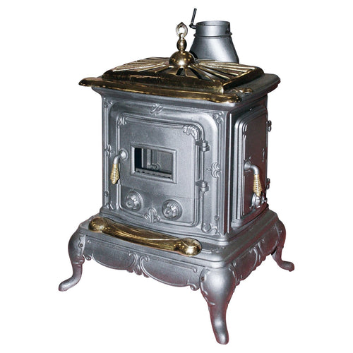 Stufa a legna Parlor 6 kW in ghisa con inserti ottone caminetto vintage