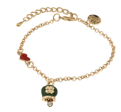 BYSIMON - Bracciale in Metallo con cuore e campanella portafortuna verde con quadrifoglio