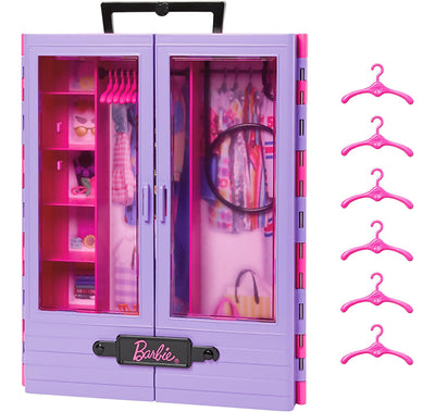 Barbie - armadio moda fashion accessorio con ante semitrasparenti, vani portaoggetti, appendiabiti estraibile, 6 grucce, giocattolo e regalo per bambini 3+ anni, hjl65