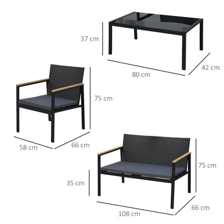 Set 4 Pezzi Salotto da Esterni con 2 Sedie, Divano e Tavolino Mobili da Giardino in Rattan e Acciaio Nero 860-092