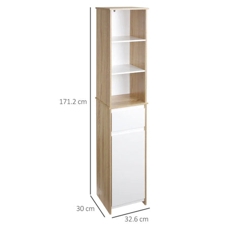 Colonna bagno, Scaffale Bagno Salvaspazio in Legno, Mobiletto a Colonna con Ripiani, Armadietto e Cassetto, Bianco, 32.6x30x171.2cm RF6834-318RF6