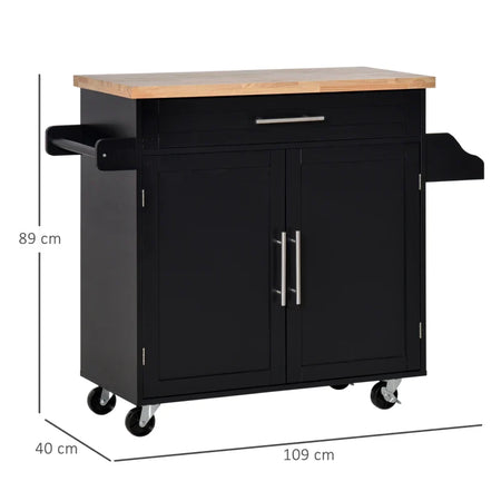 Carrello da Cucina con Cassetti, Portaspezie e Armadietto, Carrello da Portata con 4 Ruote e Piano di Lavoro in Legno, 109x40x89cm, Nero YH9801-178BKYH9