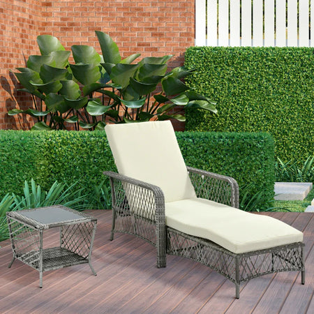 Set Lettino Prendisole e Tavolino in Rattan PE, Sdraio da Giardino Regolabile su 5 Posizioni e Tavolino a 2 Ripiani, Bianco Crema 862-054GY