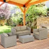 Set 4 Pz Salotto da Esterni in Rattan con 1 Divano, 2 Poltrone e 1 Tavolino, Kaki e Beige 860-211