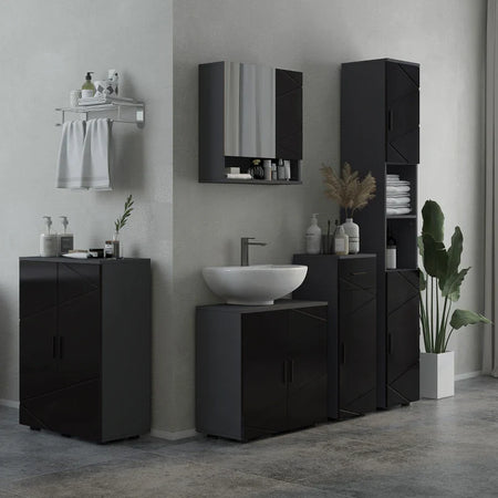 Colonna Bagno in Truciolato con 2 Ripiani Aperti e 2 Armadietti a 2 Livelli, 30x30x183 cm, Nero e Grigio RF8834-628V80BKRF8