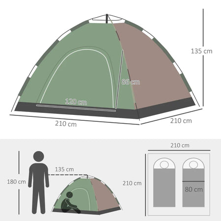 Tenda da Campeggio 2 Posti con Borsa da Trasporto, Ganci per Lampade e Tasche Portaoggetti, 210x210x135 cm TK9A20-264V01MXTK9