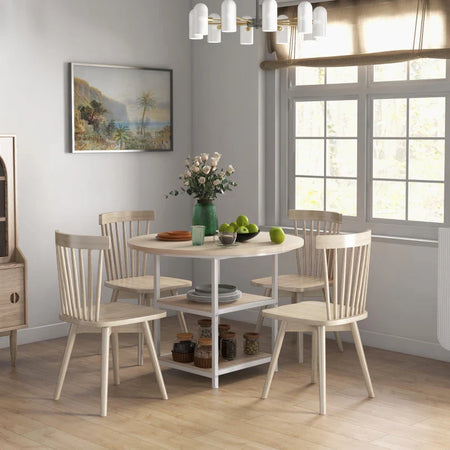 Tavolo da Pranzo per 4-6 Persone con 2 Ripiani Integrati, in Acciaio e MDF, Ø100x76 cm, Bianco e Rovere QS683A-050V80AKQS6