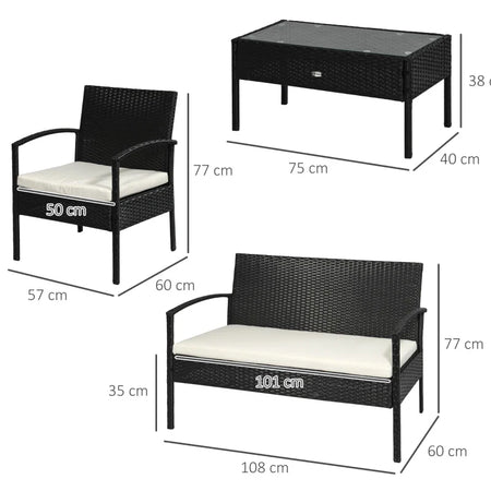 Set Mobili da Giardino in Rattan Sintetico Composto da 1 tavolino 2 poltrone e 1 divano a 2 posti Nero e Crema 863-024