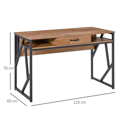 Scrivania Moderna in Metallo e MDF Stile Industriale, Mensole e Cassetto per Casa e Ufficio, 120x60x76cm Nero Marrone XV2836-376XV2