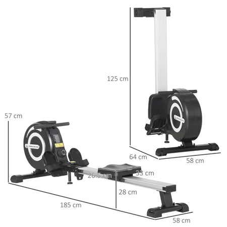 Vogatore Magnetico Pieghevole per Allenamento a Casa, Volano Regolabile su 8 Livelli e Monitor LCD, 185x58x57cm, Nero RE3A90-243RE3