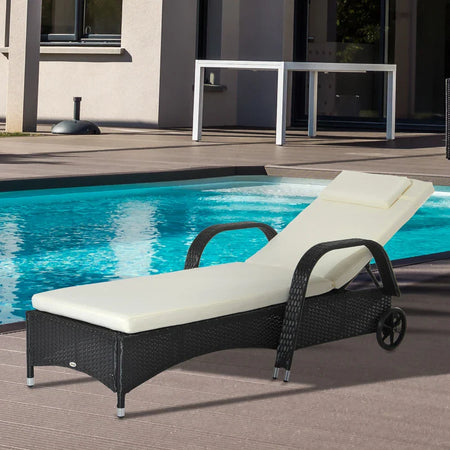 Lettino Prendisole da Giardino con Ruote, Sedia a Sdraio per Spiaggia con Altezza Regolabile in Rattan, Nero e Crema, 200x73x103cm  862-005BK