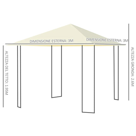 Gazebo da Giardino 3x3m in Metallo Nero con Tettuccio Crema 01-0867