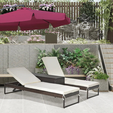 3pz Componibile 2 Lettino Prendisole da Giardino (60 x 195 x 86cm) e 1 Tavolino (121 x 40 x 50cm) Rattan con Materassini, Marrone e Bianco Crema 862-022BN