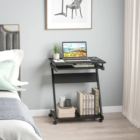 Scrivania per Computer Porta PC Classico e Salvaspazio, Scrivania per cameretta con Piano Tastiera a Scomparsa, 4 Ruote e Ripiano Inferiore Nero 60x48x73cm QS2836-293BKQS2