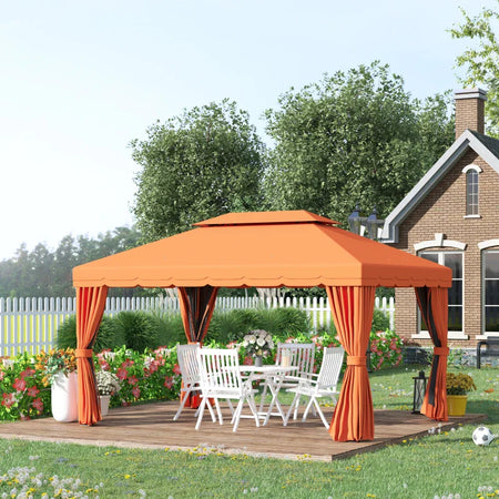 Gazebo da Giardino 4x3m con Doppio Tetto e Tende Laterali, Arancione 01-0870