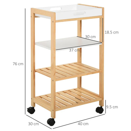 Carrello da Cucina a 4 Livelli in MDF e Legno di Pino con 4 Ruote Girevoli, 40x30x76 cm, Bianco e Marrone WE9801-131WE9