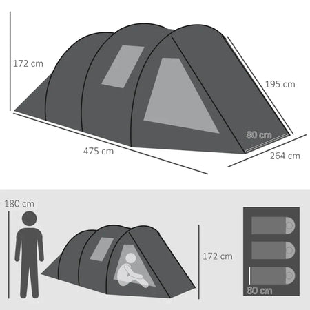 Tenda da Campeggio 3 Posti con 2 Stanze Interne con Finestre e Coperture, 475x264x172 cm, Nero EJ8A20-285V00BKEJ8