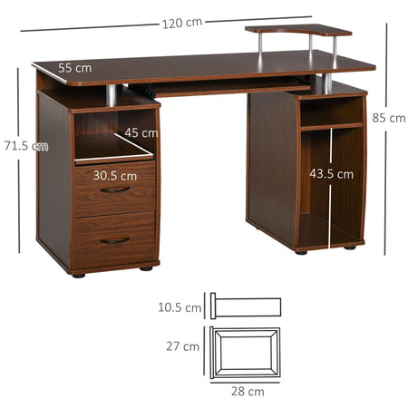 Scrivania per Computer Moderna Porta PC in Legno con Cassetti, Scrivania Salvaspazio Con Libreria, Mensola Estraibile e Porta Tastiera, 120x55x85cm, Marrone ZA6920-011V01ZA6