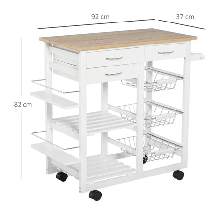 Carrello da Cucina con Ruote, Mobile da Cucina Salvaspazio in Legno Massiccio: 3 Cassetti, 3 Cestelli, 2 Portaspezie, 2 Ripiani, 92x37x82 cm UY5801-158UY5