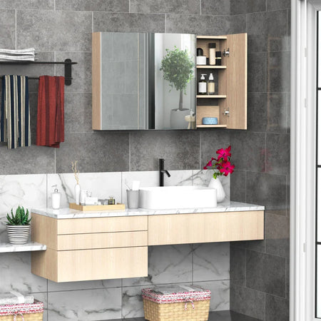 Armadietto Pensile da Bagno a Parete con Specchio a 3 Ante e Ripiani Regolabili in Legno 90x60x13.5cm BN3834-163BN3