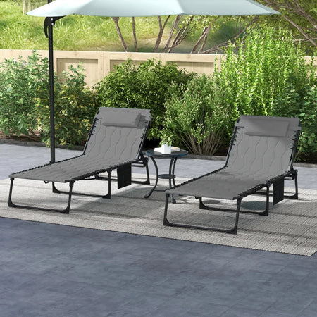 Set 2 Lettini Prendisole con Schienale Reclinabile e Tasca, in Acciaio e Poliestere, 65x188x36 cm, Grigio e Nero 84G-268V01GY