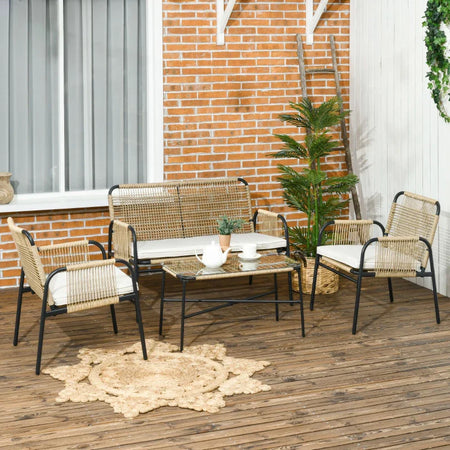 Salotto da Giardino in Rattan PE con Divanetto e 2 Poltrone con Cuscini, Tavolino in Vetro, Giallo 860-286V02YL