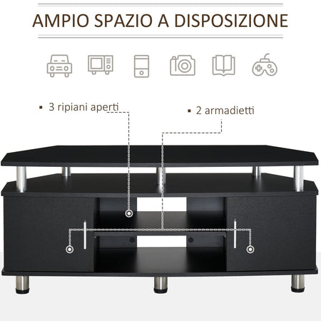 Mobile Porta TV Classico Soggiorno HOMCOM con 2 Ripiani, 2 Armadietti MDF Acciaio Inox Nero 120x39.5x52cm