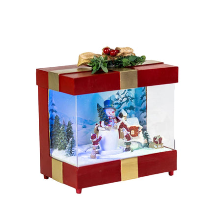 Scena animata pacco regalo con led e musica per villaggio di Natale h 21 cm