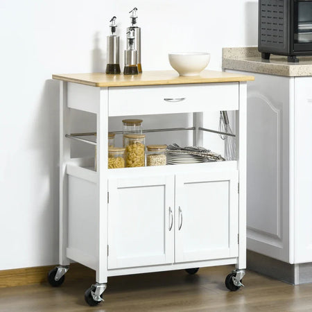Carrello Cucina con Cassetto Armadietto e Scaffale, Carrellino Portavivande con Piano in Bambù e 4 Ruote, Bianco TY8801-215TY8
