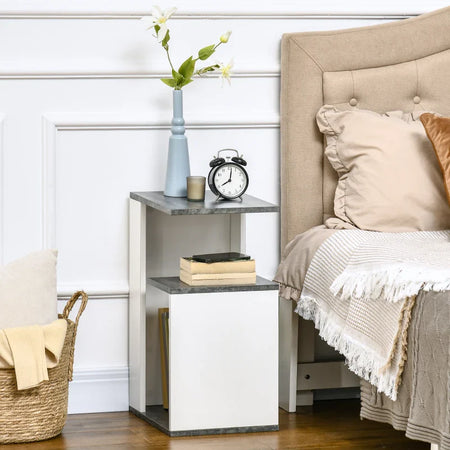 Comodino con Ripiano Aperto in Truciolato dal Design Irregolare, 35x29.5x60 cm, Grigio e Bianco DR6831-569WTDR6