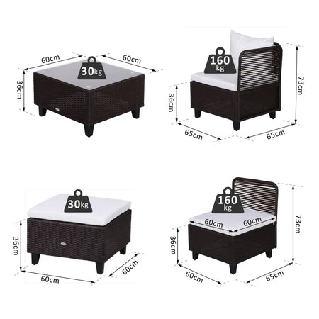 Set Mobili da Giardino 5 Pezzi Tavolino con Piano in Vetro Temperato Rattan 3 Poltrone 1 Poggiapiedi 1 in Alluminio, Rattan 860-060