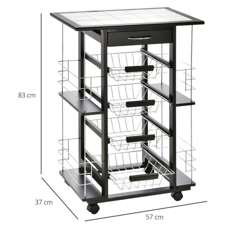 Carrello da Cucina Salvaspazio con 1 Cassetto, 4 Cesti Estraibili, 4 Ripiani, Legno di Pino e Metallo, 57x37x83cm KJ4801-122KJ4