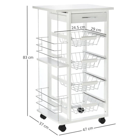 Carrello da Cucina Salvaspazio in Legno Bianco, Portavivande con 1 Piano di Lavoro 1 Cassetto e 4 Cestelli Metallici, 47x37x83cm LK6801-121V01WTLK6