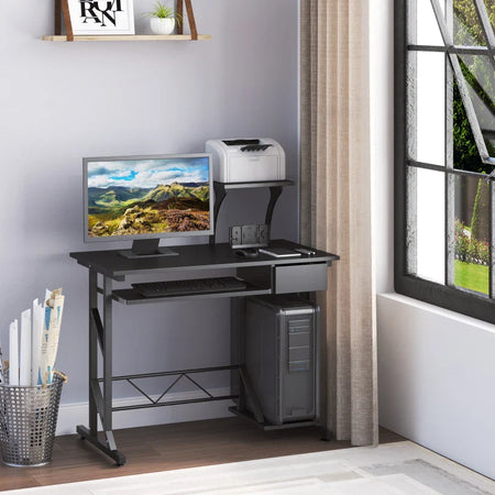 Scrivania per Computer Salvaspazio in Acciaio e Legno, Scrivania da Ufficio con Cassetto, Ripiano Tastiera Estraibile 90 x 50 x 95cm YG8920-018BKYG8