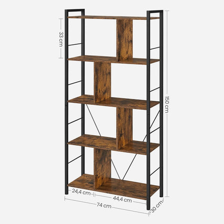 Libreria Industriale Vintage VASAGLE 5 Ripiani 74x30x150cm Scaffale Robusto Marrone e Nero