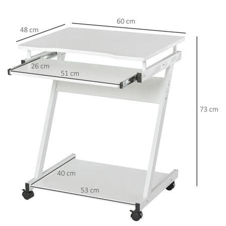 Tavolo Porta PC Classico e Salvaspazio, Piano Tastiera a Scomparsa, 4 Ruote e Ripiano Inferiore Bianco 60x48x73cm QO8836-293WTQO8