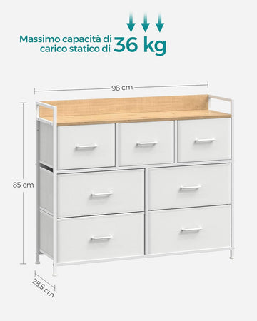 Cassettiera Camera da Letto SONGMICS 7 Cassetti Tessuto Metallo Bianco e Beige 98x85x28.5cm