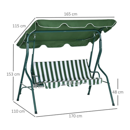 Dondolo 3 Posti con Tettuccio Regolabile e Cuscini, in Acciaio e Poliestere, 170x110x153 cm, Verde e Bianco 84A-118V01GN