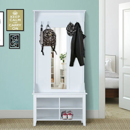 Appendiabiti Attaccapanni da Terra con Specchio Scarpiera 4 Ganci Legno 80x40x170cm Bianco HU7831-226HU7