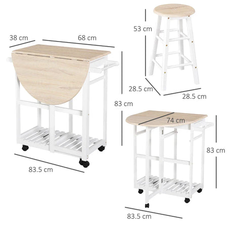 Carrello da Cucina Pieghevole, Mobile da Cucina Salvaspazio con 2 Sgabelli 2 Cassetti 5 Ruote (Rotazione 360°), Legno MDF Bianco MN2801-117MN2