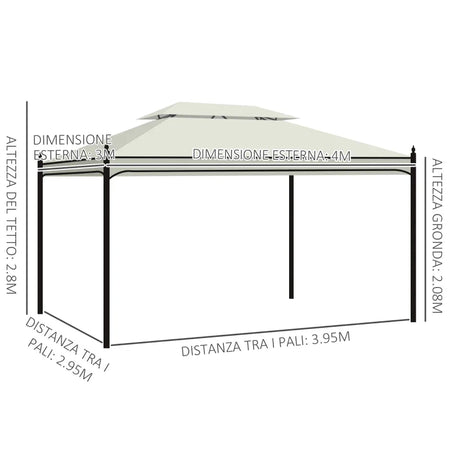 Gazebo da Giardino 3x4m in Acciaio con Doppio Tetto e 4 Tende Laterali, Crema 01-0872