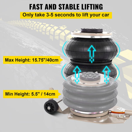 Martinetto Pneumatico VEVOR 3 Tonnellate Sollevamento 140-450mm Gonfiabile a 3 Cuscini d'Aria per Auto SUV Pickup Officina Garage
