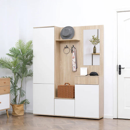 Mobile da Ingresso 4 in 1 in Truciolato con Specchio, Ganci e Ripiani Regolabili Interni, 145x29x184 cm HJ6837-256V00WTHJ6
