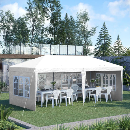 Gazebo da esterno bianco con Finestre Regolabile in Altezza e tende Removibili 5.9x3x2.7m 84C-431V00WT