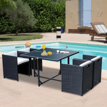 Set Mobili da Giardino 5pz Set Tavolo da Pranzo con 4 Sedie con Cuscini Combinabili a Rettangolo, Nero, 109x109x72 cm 863-008