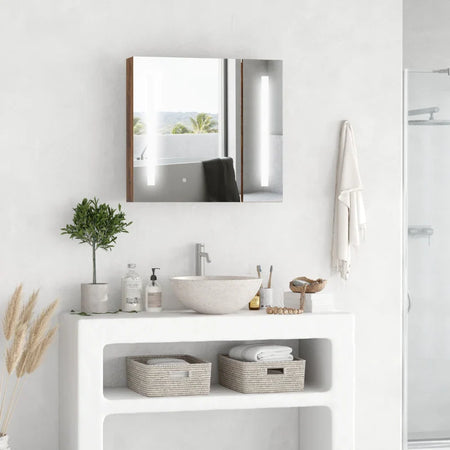 Specchiera Bagno con Luci LED Regolabili, 2 Ante e Mensola Regolabile, 70x15x65cm, Marrone YH9834-442YH9