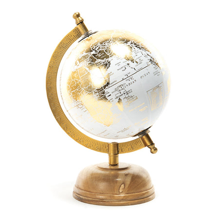 Mappamondo in ottone e legno con struttura color champagne, 14 x 13 x h 21 cm