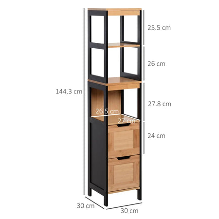 Colonna Bagno con 2 Cassetti e 3 Vani Aperti in Legno MDF e Bambù 30x30x144.3 cm YH2834-208YH2